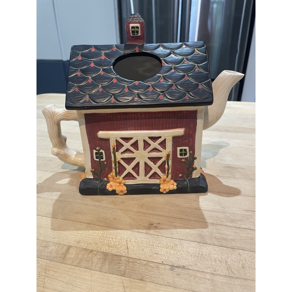 Vintage 2000 Sakura Warren Kimble Red Barn Farm Teapot– Hand-Painted Ceramic